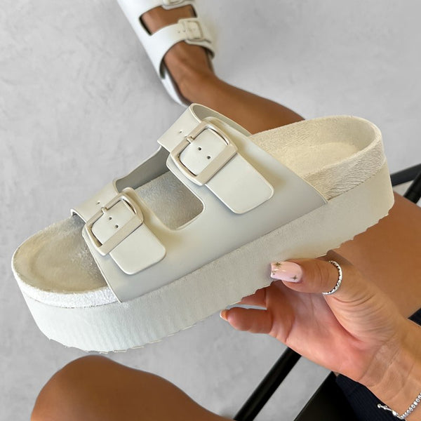 ALLIE Chunky Flatform Buckle Sliders Off White AJ VOYAGE