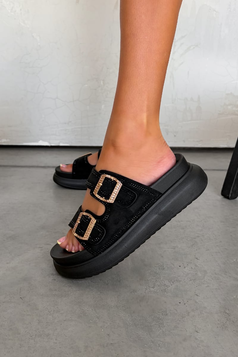 AMELLE Chunky Diamante Buckle Sandals - Black - 3