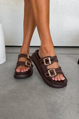 AMELLE Chunky Diamante Buckle Sandals - Brown - 1