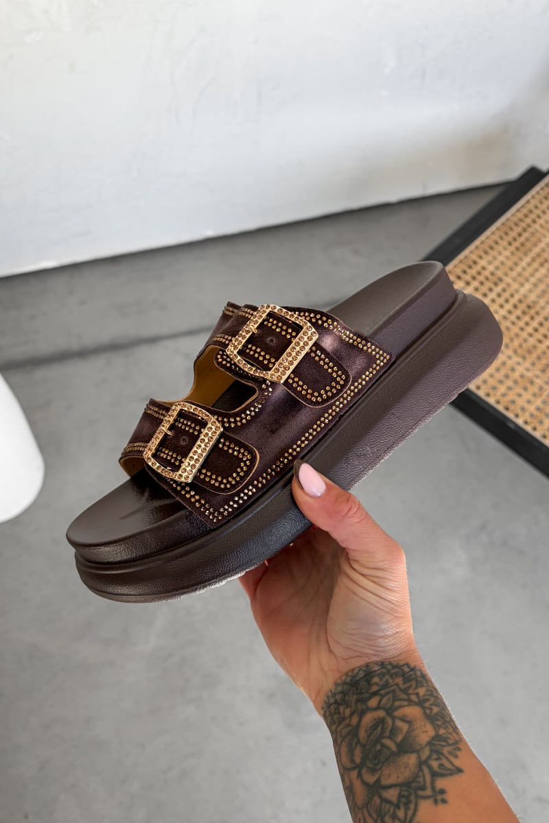 AMELLE Chunky Diamante Buckle Sandals - Brown