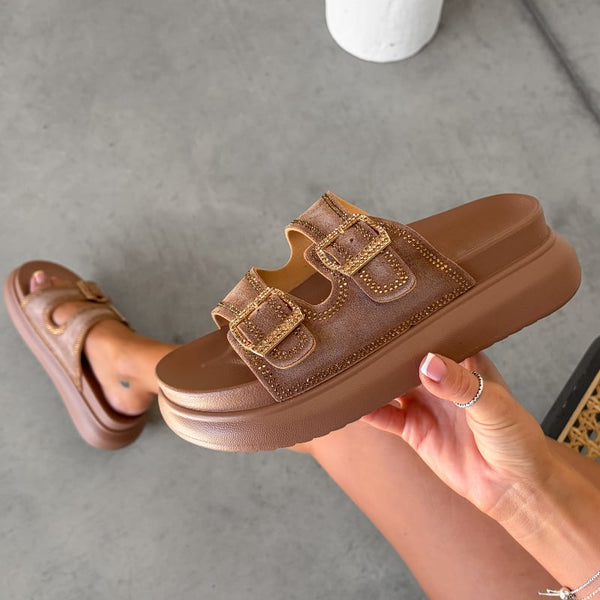 AMELLE Chunky Diamante Buckle Sandals - Camel – AJ VOYAGE