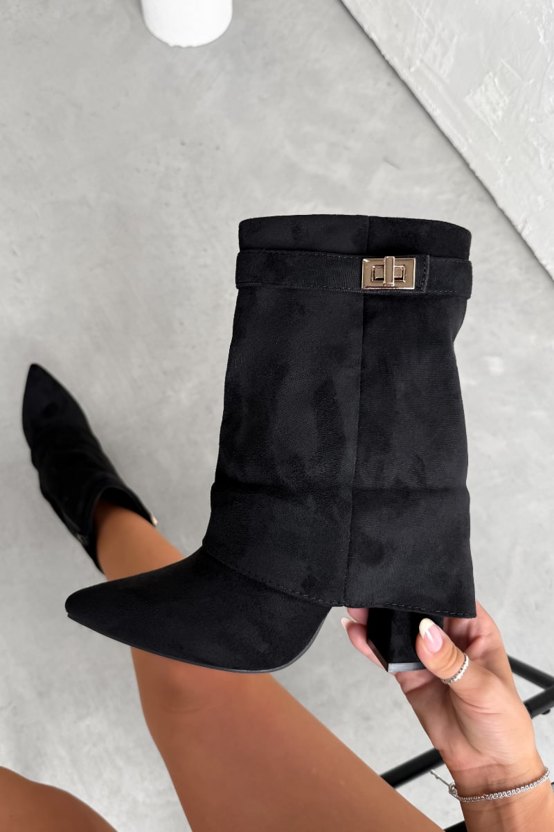 APRIL Flared Calf Boots - Black Suede – AJ VOYAGE