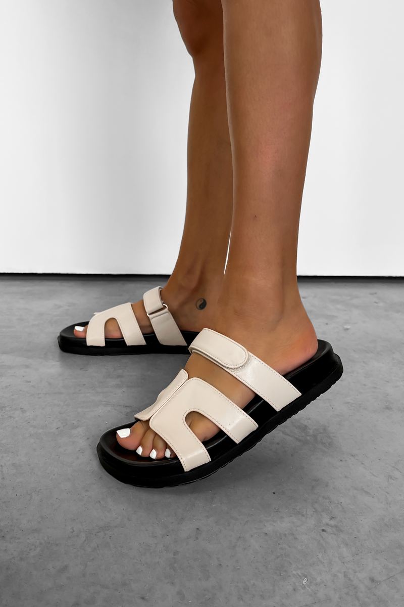ASHTON Gladiator Velcro Slider Sandals - Beige PU - 1