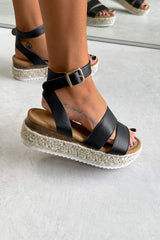 ATHENS Chunky Espadrille Buckle Sandals - Black - 2