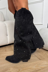 ATLANTA Flared Diamanté Cowboy Western Boots - Black