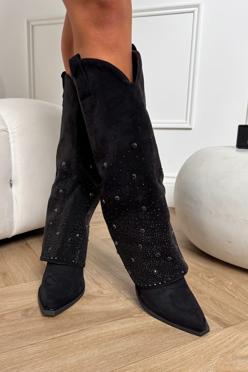 ATLANTA Flared Diamanté Cowboy Western Boots - Black