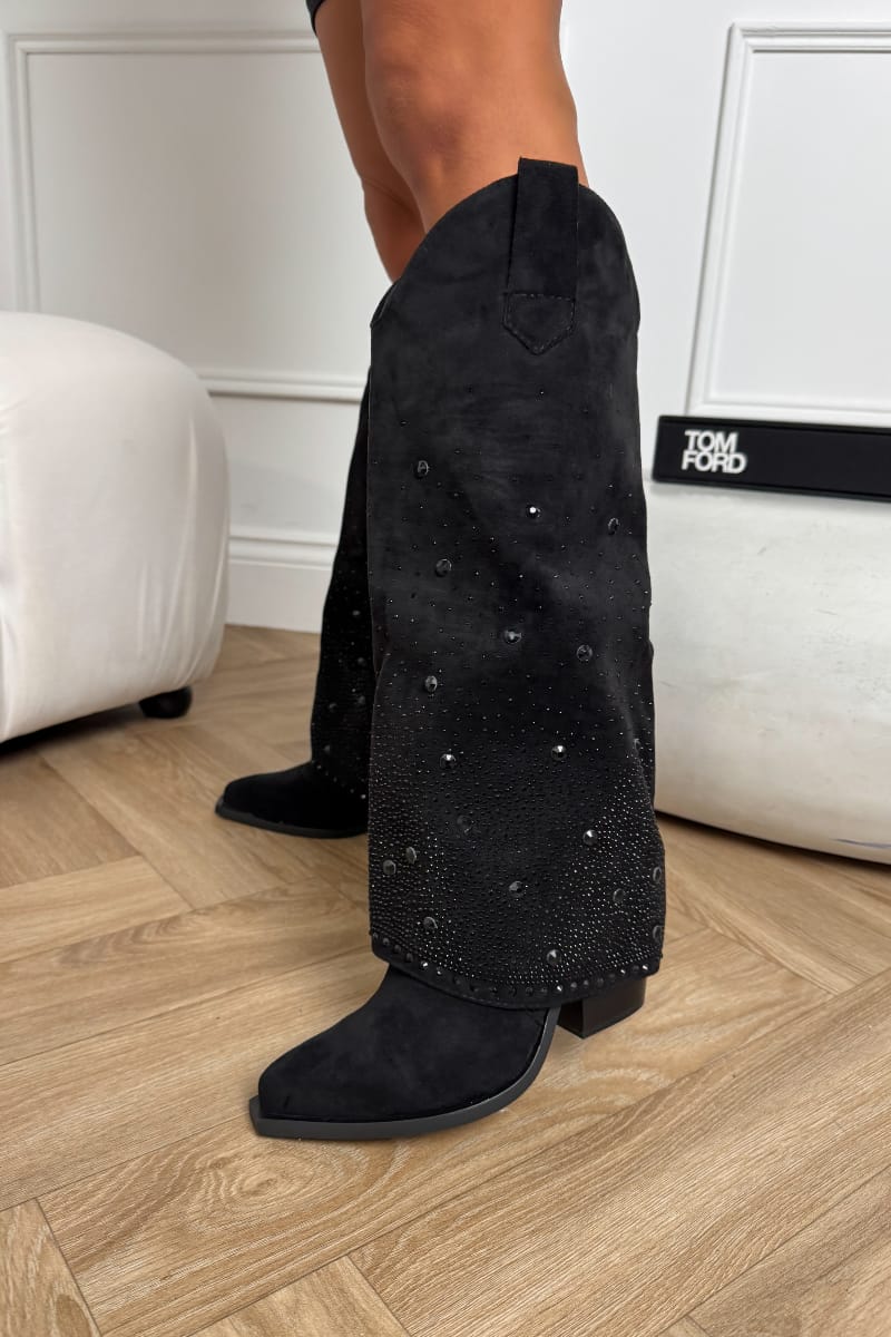 ATLANTA Flared Diamanté Cowboy Western Boots - Black