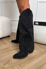 ATLANTA Flared Diamanté Cowboy Western Boots - Black