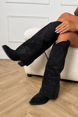 ATLANTA Flared Diamanté Cowboy Western Boots - Black