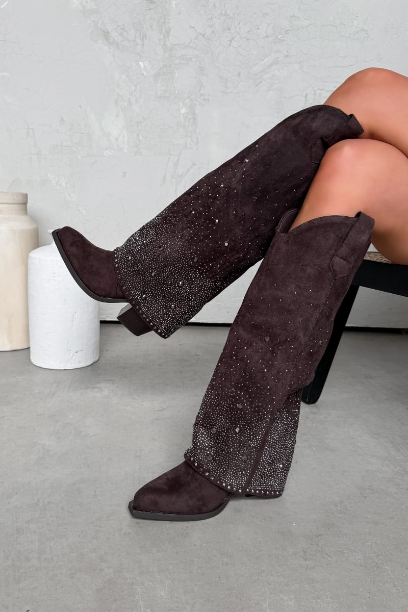 ATLANTA Flared Diamanté Cowboy Western Boots - Brown - 2