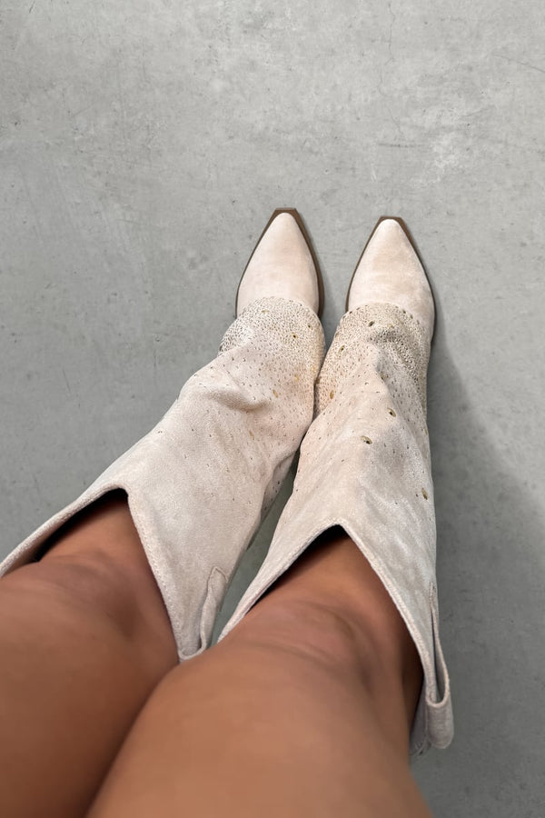 ATLANTA Flared Diamanté Cowboy Western Boots - Cream - 3