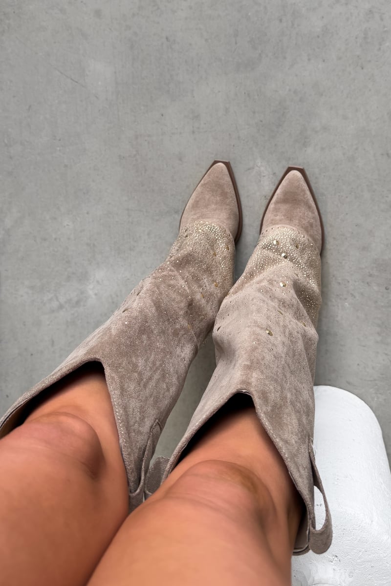 ATLANTA Flared Diamanté Cowboy Western Boots - Taupe -  3