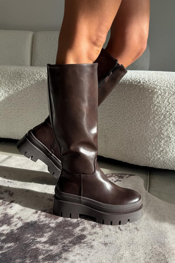 AVA Knee High Platform Boots - Brown - 1