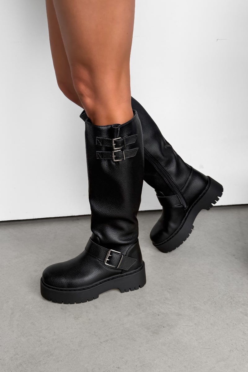 AVERY Buckle Detail Platform Boots - Black - 1