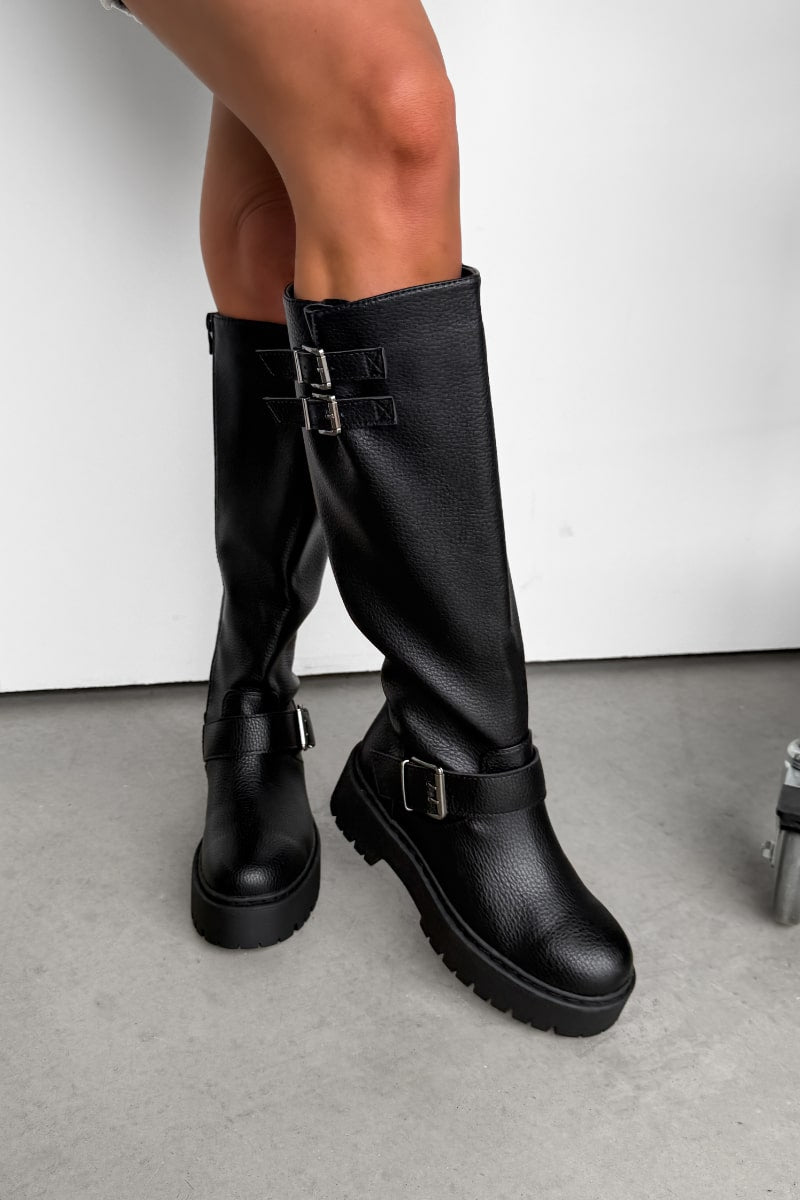AVERY Buckle Detail Platform Boots - Black - 2