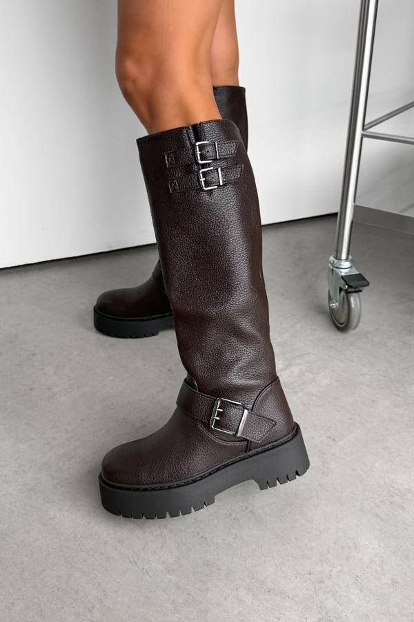 AVERY Buckle Detail Platform Boots - Brown - 1