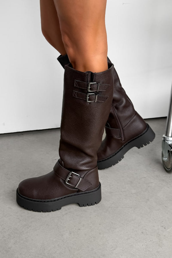AVERY Buckle Detail Platform Boots - Brown