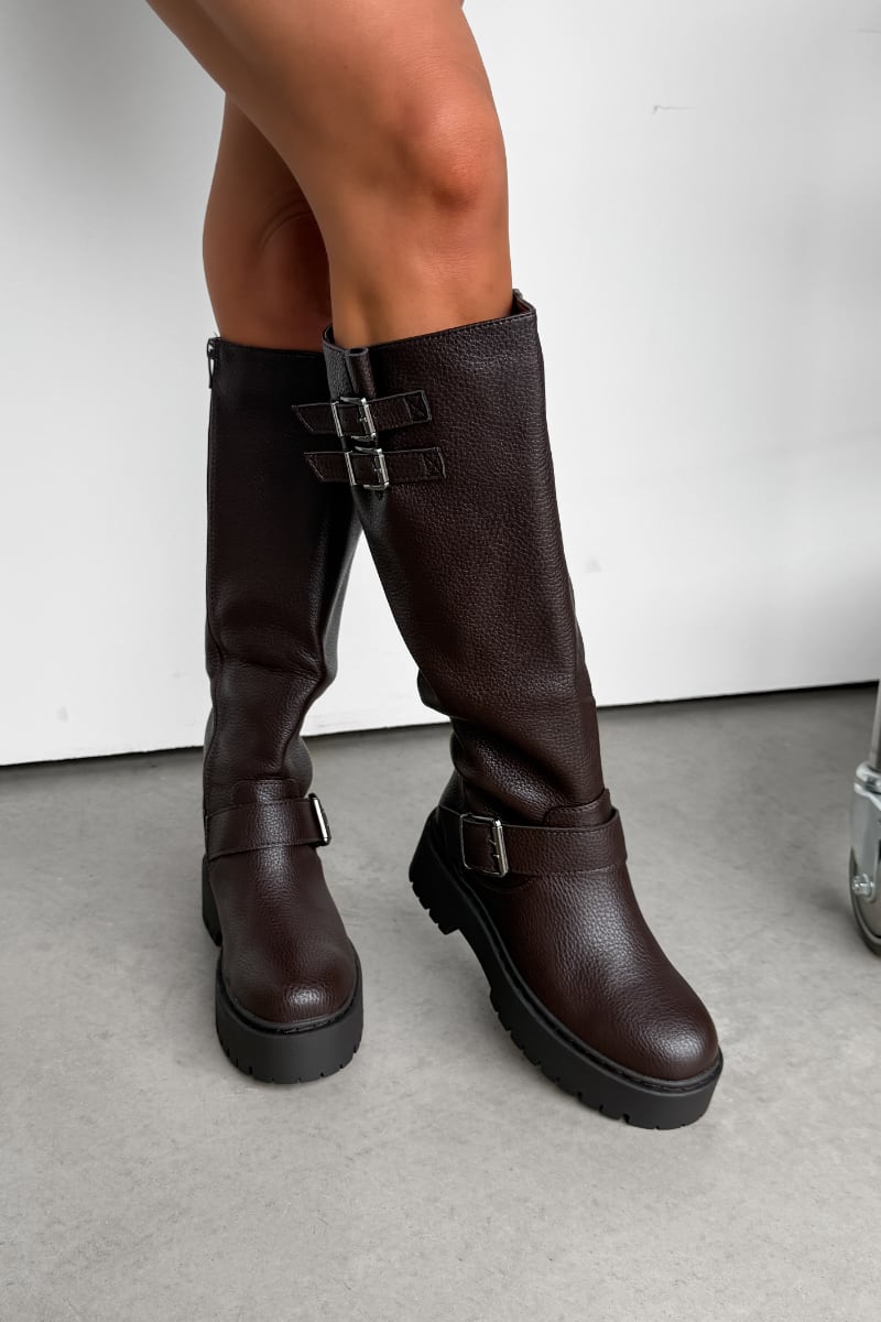 AVERY Buckle Detail Platform Boots - Brown - 3