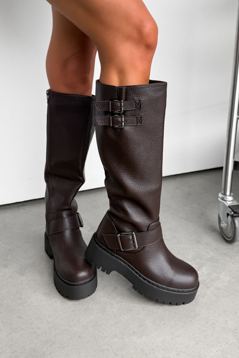 AVERY Buckle Detail Platform Boots - Brown - 2