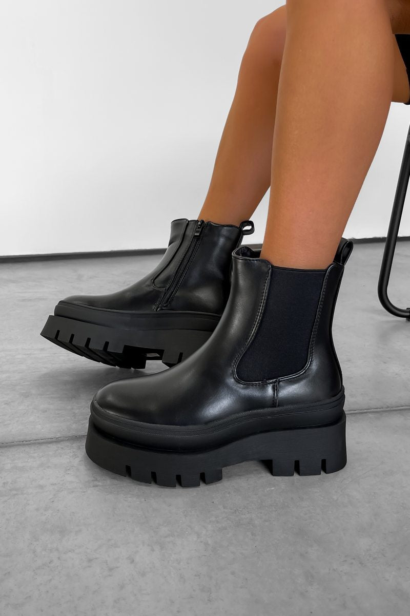 AYLA Chunky Chelsea Ankle Boots - Black PU - 2