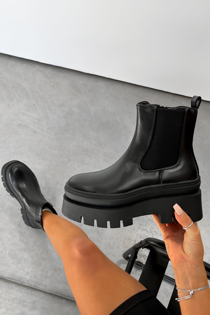 AYLA Chunky Chelsea Ankle Boots - Black PU
