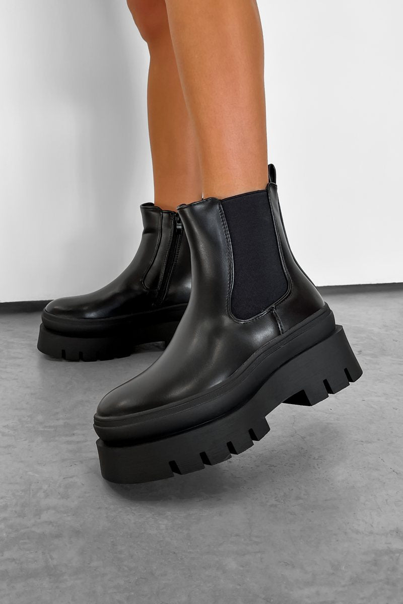 AYLA Chunky Chelsea Ankle Boots - Black PU - 1