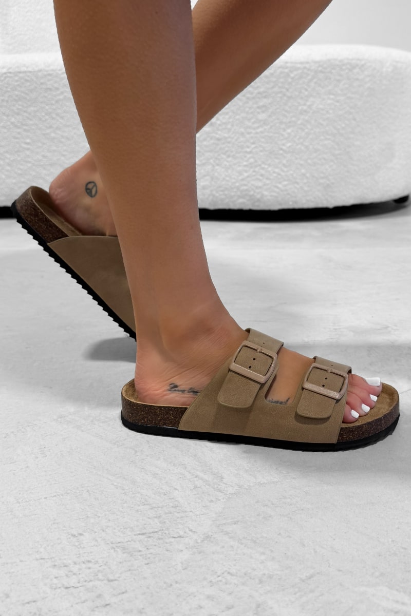 AYSHA Chunky Buckle Cork Sandals - Taupe - 4