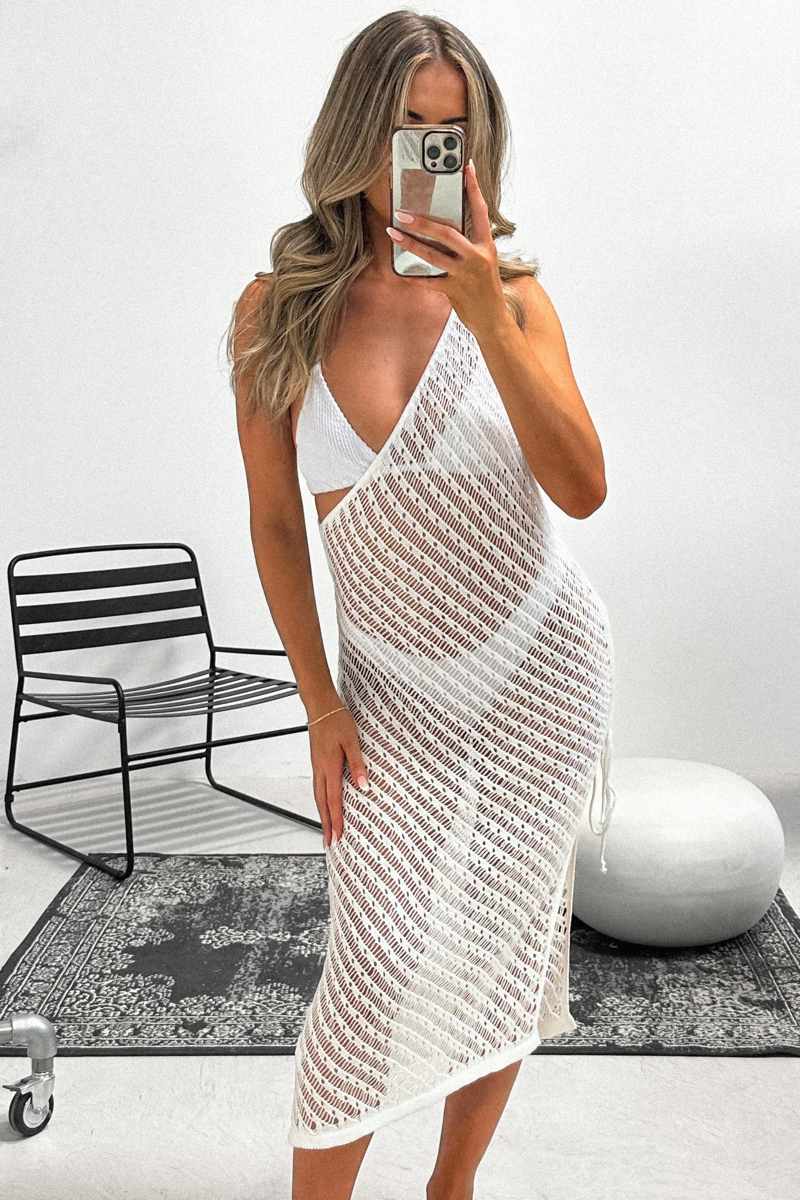 Asymmetrical Crochet Dress - White - 3