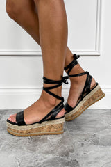 BELLE Wrap Up Flatform Espadrille Sandals - Black - 1