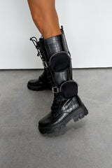 BUCKLE UP Chunky Knee High Pocket Boots - Black Croc - 2