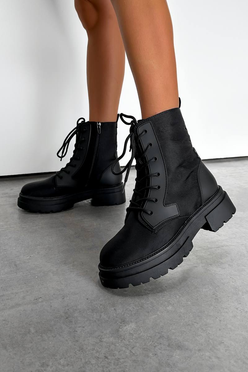 JESSIE Chunky Lace Up Ankle Boots - Black Nylon