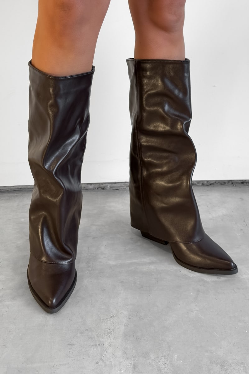 CARLA Knee High Fold Detail Boots - Brown PU - 1