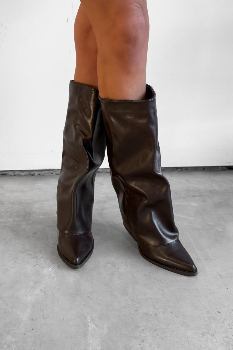 CARLA Knee High Fold Detail Boots - Brown PU - 2