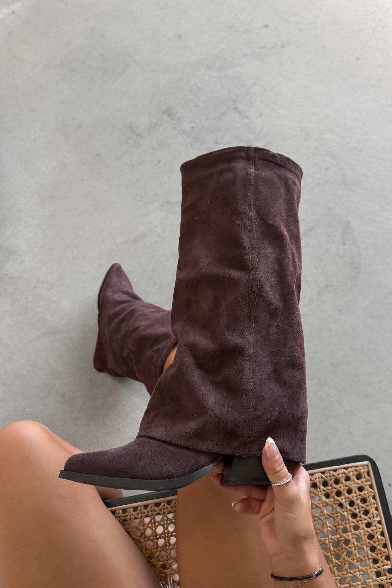 CARLA Knee High Fold Detail Boots - Brown Suede