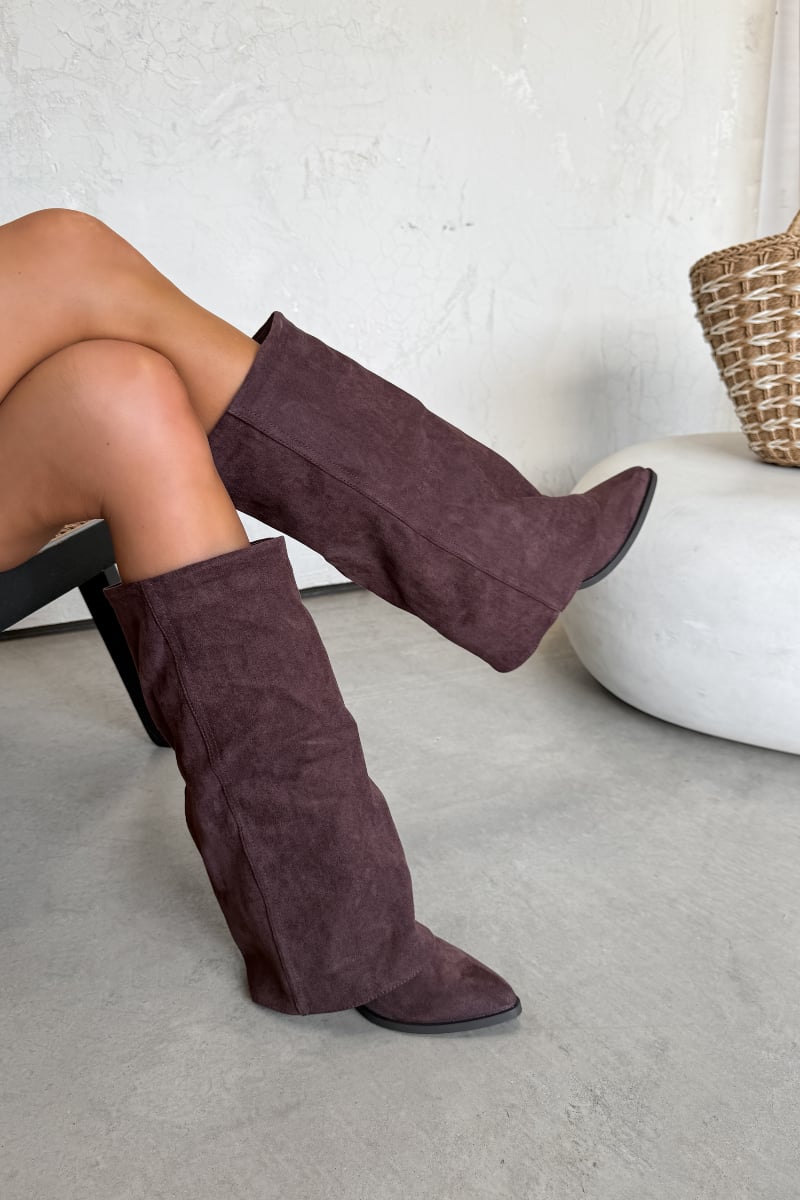CARLA Knee High Fold Detail Boots - Brown Suede - 1