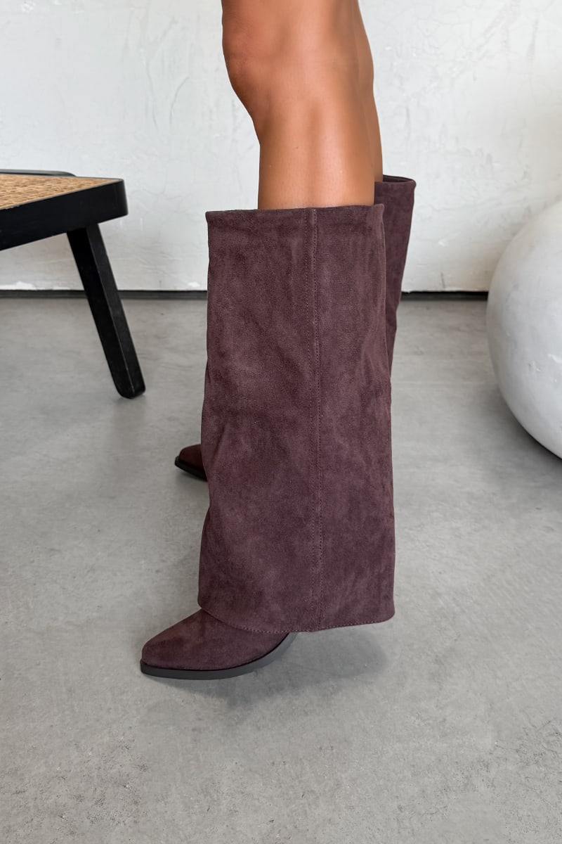 CARLA Knee High Fold Detail Boots - Brown Suede - 3