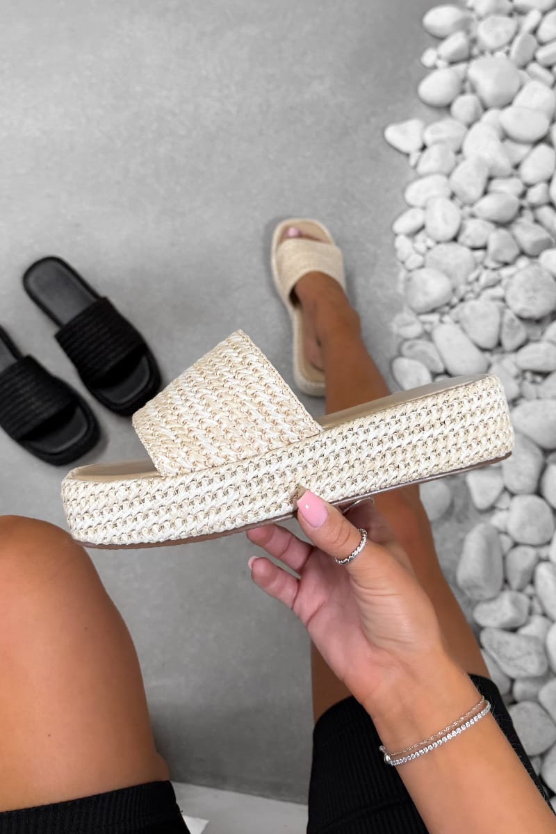 CARLY Chunky Rattan Slider Sandals - Beige