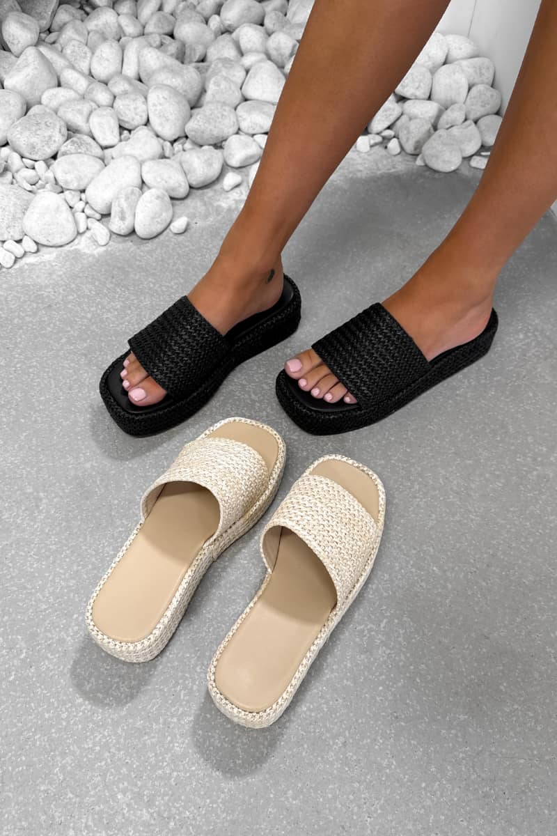 CARLY Chunky Rattan Slider Sandals - Beige - 2