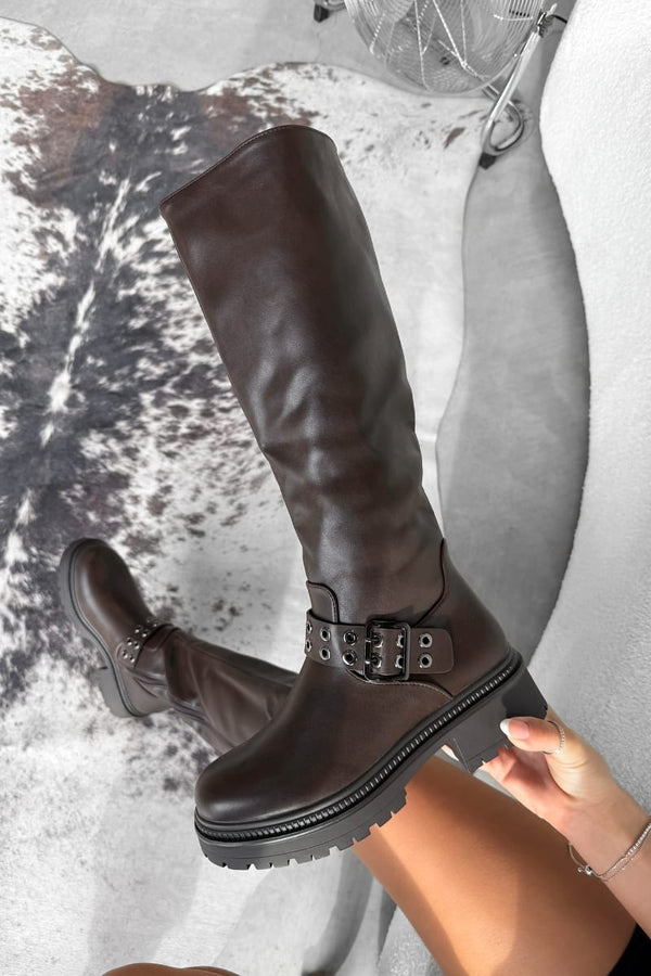 CARMEN Knee High Platform Boots - Brown