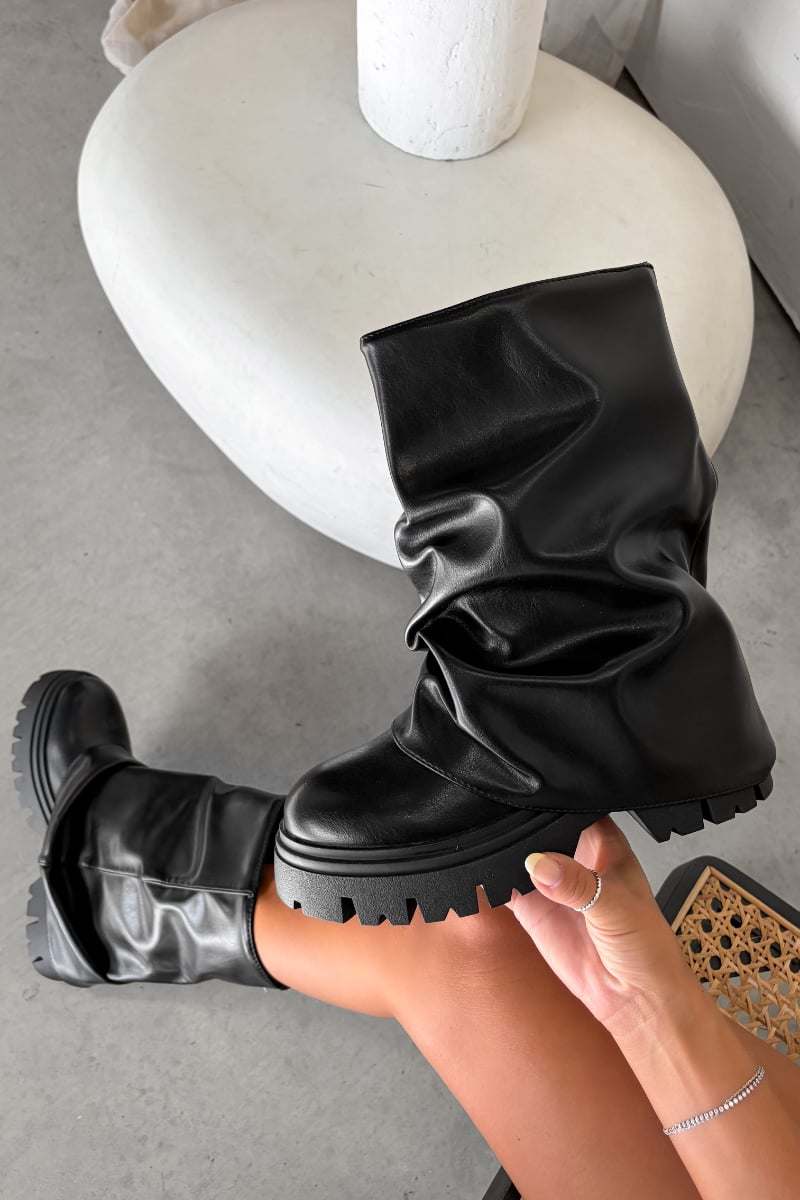 CARYS Mid Calf Ruched Platform Boots - Black