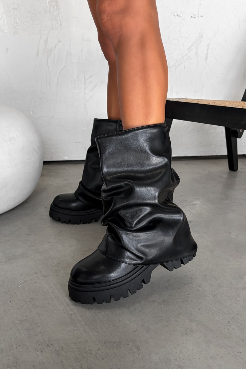 CARYS Mid Calf Ruched Platform Boots - Black - 1