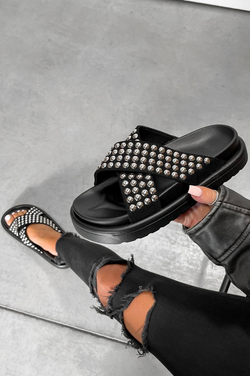CELIA Chunky Studded Slider Sandals - Black
