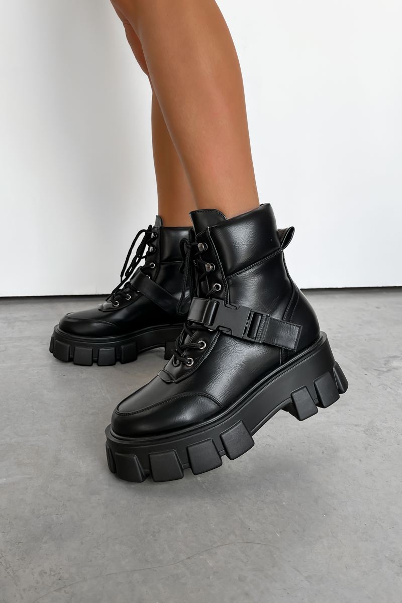 CHAOTIC Chunky Sole Buckle Ankle Boots - Black PU