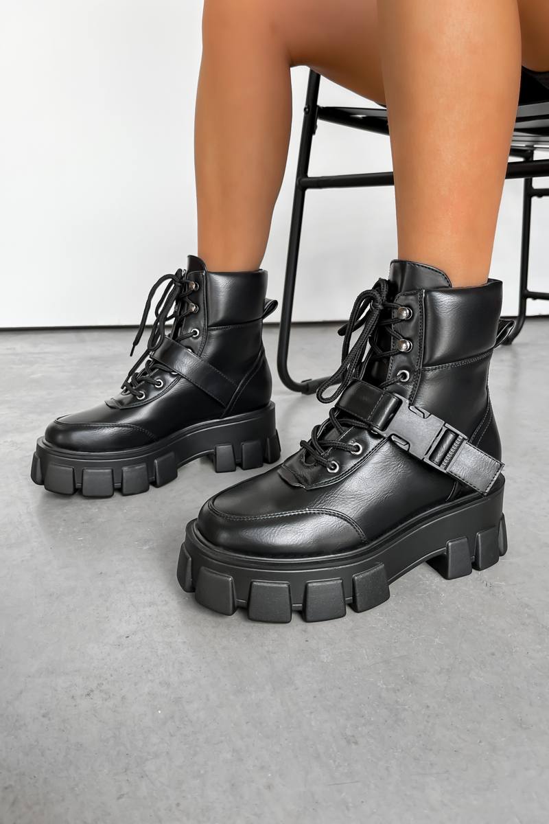 CHAOTIC Chunky Sole Buckle Ankle Boots - Black PU - 2