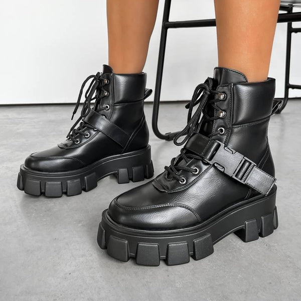 CHAOTIC Chunky Sole Buckle Ankle Boots Black PU