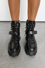 CHAOTIC Chunky Sole Buckle Ankle Boots - Black PU - 3