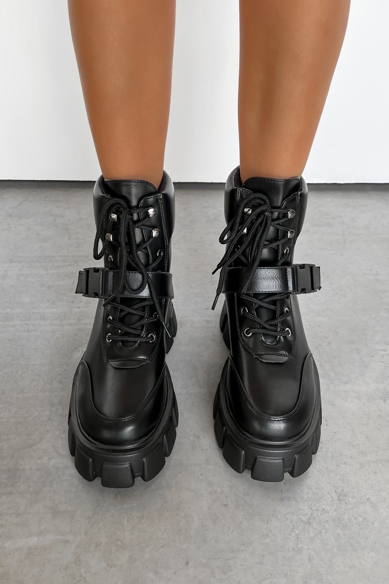 CHAOTIC Chunky Sole Buckle Ankle Boots - Black PU - 3