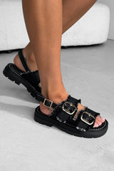CHARLIE Chunky Buckle Sandals - Black Denim