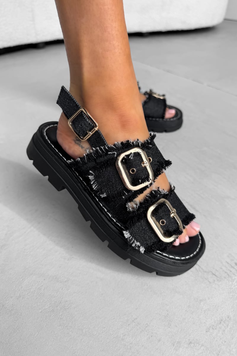 CHARLIE Chunky Buckle Sandals - Black Denim - 1