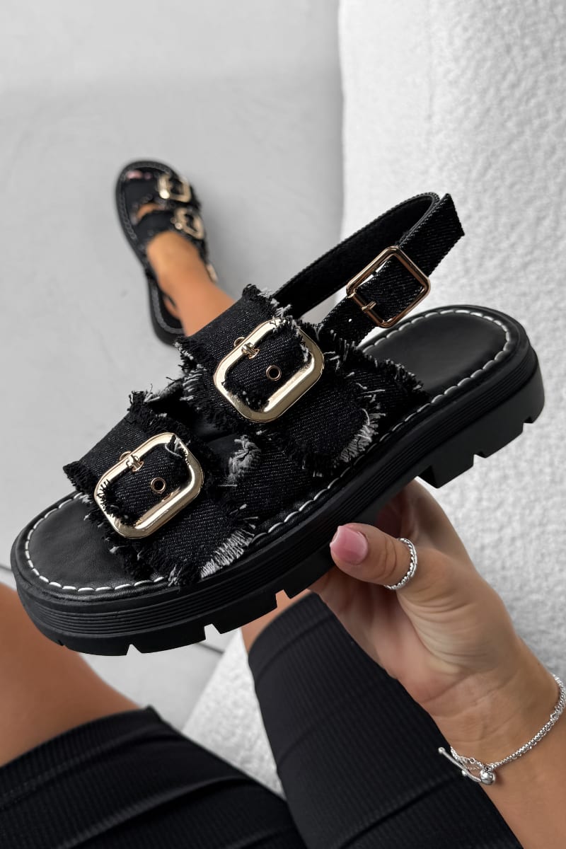 CHARLIE Chunky Buckle Sandals - Black Denim - 3